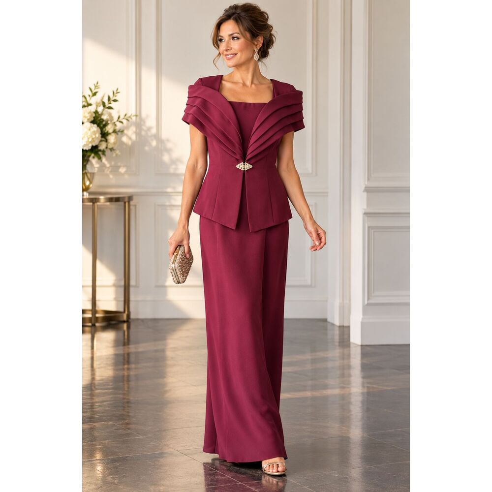 Alex Evening Wine Red Crepe Sleeveless Dress Portrait Collar Jacket Suit Set 8